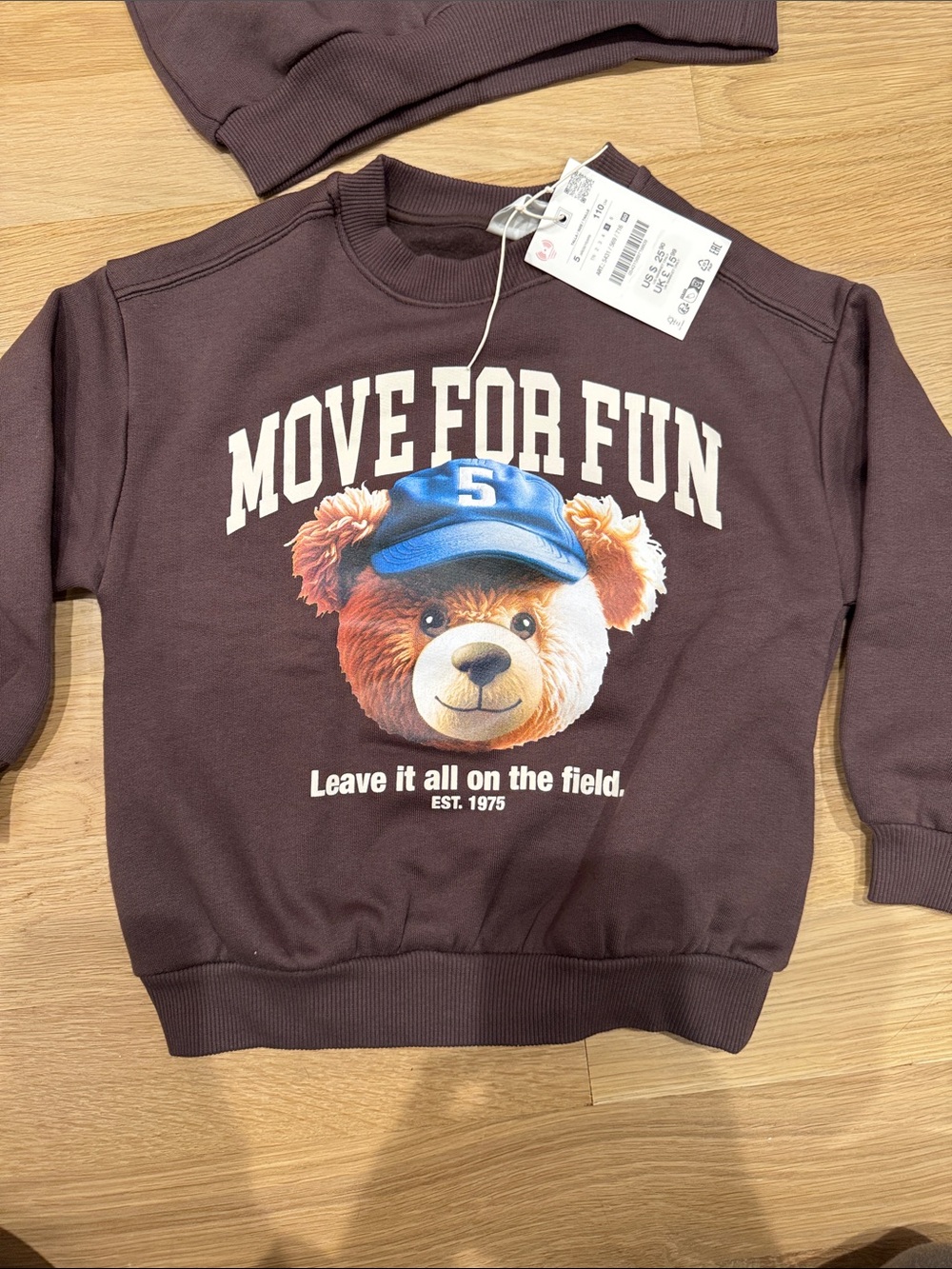 Zara Brown Kids Sweatshirt with Bear 'Move For Fun' Graphic and Blue Cap